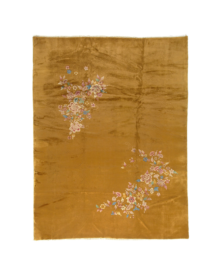 9'x12' Vintage Chinese Art Deco Area Rug | Golden Yellow Floral Rug