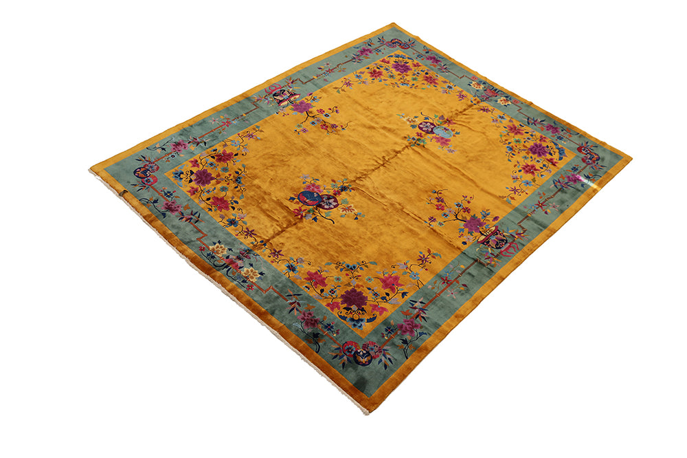 9'x12' Vintage Chinese Art Deco Rug | Gold Floral with Shiny Wool