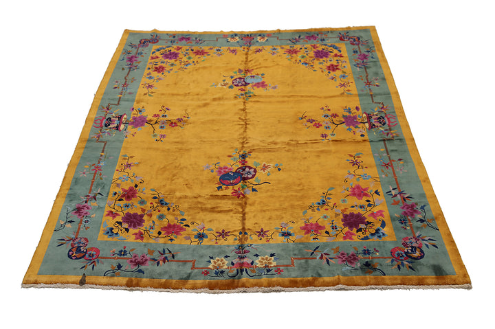 9'x12' Vintage Chinese Art Deco Rug | Gold Floral with Shiny Wool