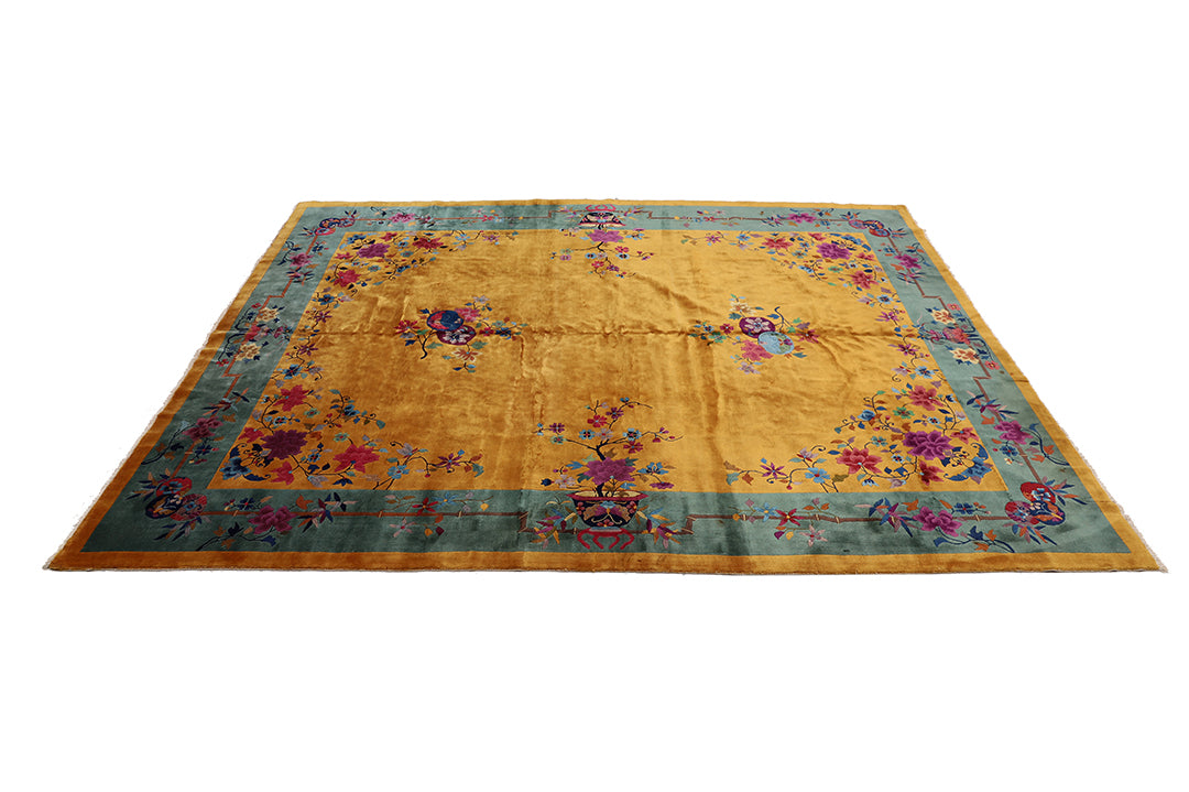 9'x12' Vintage Chinese Art Deco Rug | Gold Floral with Shiny Wool