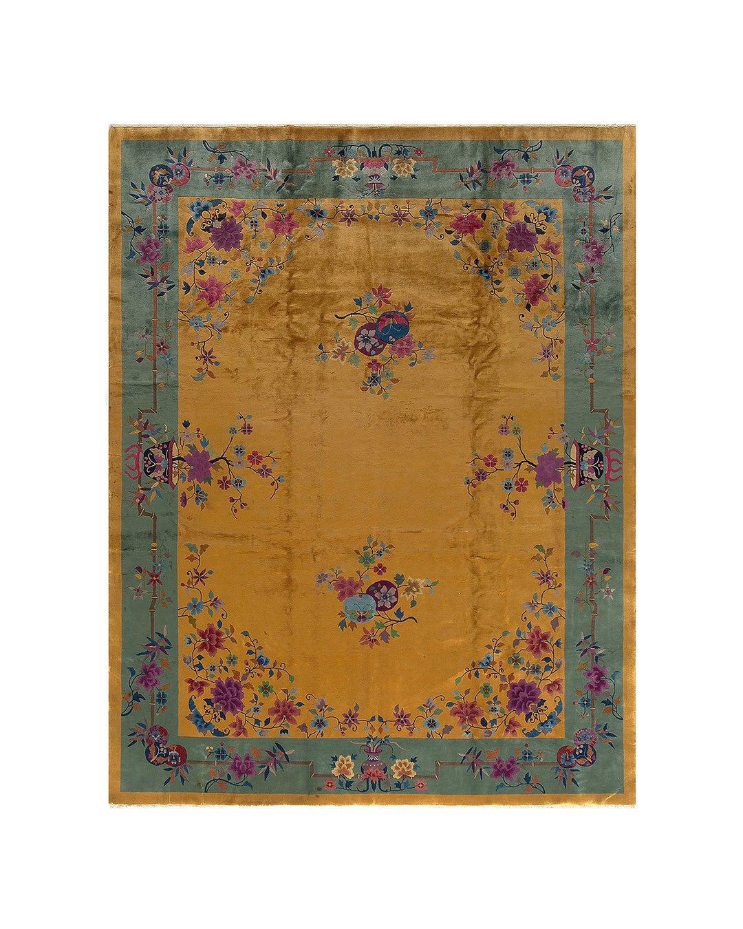 9'x12' Vintage Chinese Art Deco Rug | Gold Floral with Shiny Wool
