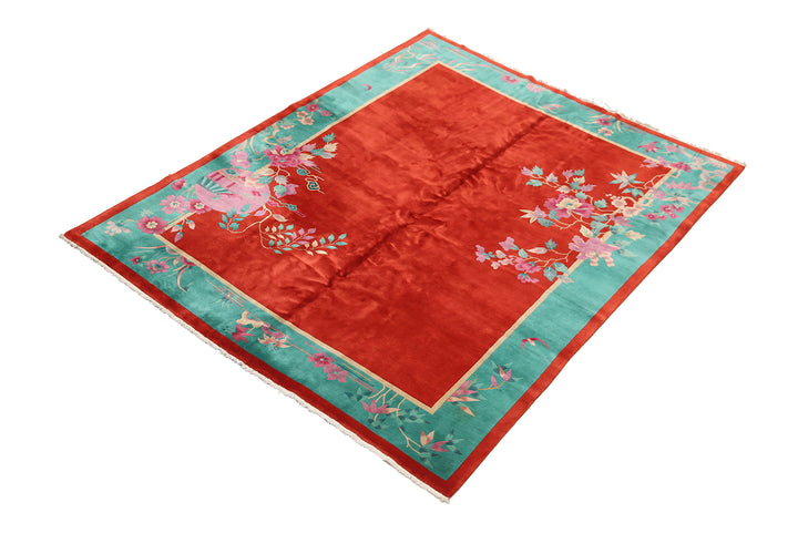 9'x12' Vintage Chinese Art Deco Rug | Red Wool Area Rug