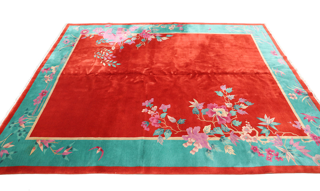 9'x12' Vintage Chinese Art Deco Rug | Red Wool Area Rug