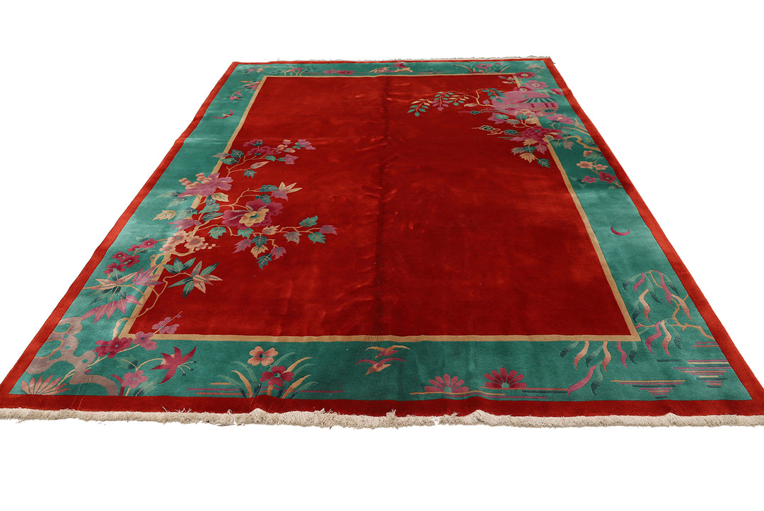 9'x12' Vintage Chinese Art Deco Rug | Red Wool Area Rug