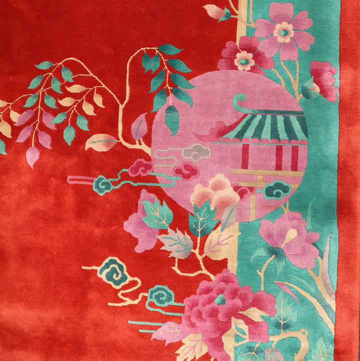 9'x12' Vintage Chinese Art Deco Rug | Red Wool Area Rug