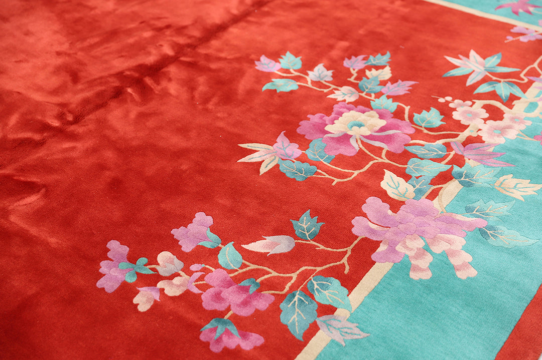 9'x12' Vintage Chinese Art Deco Rug | Red Wool Area Rug