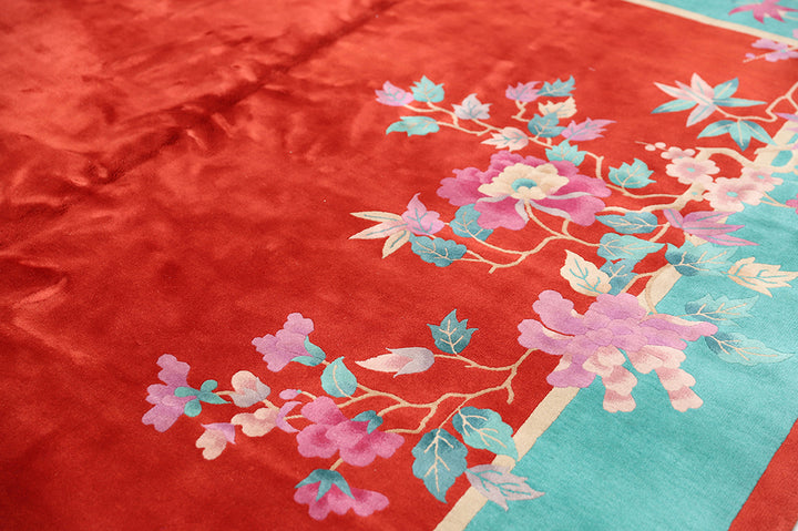 9'x12' Vintage Chinese Art Deco Rug | Red Wool Area Rug