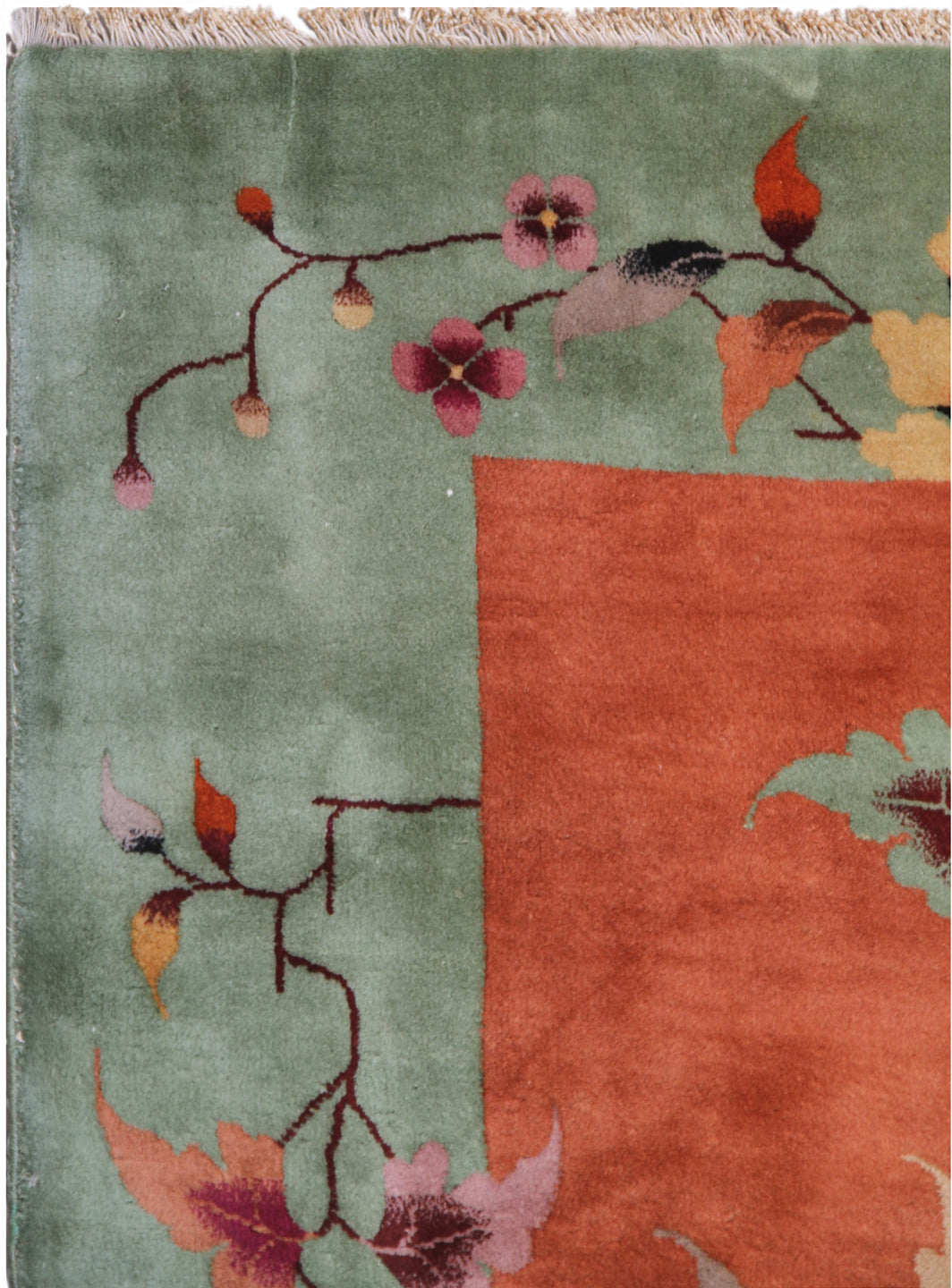 9'x12' Vintage Chinese Art Deco Wool Area Rug | Orange Green Floral Rug