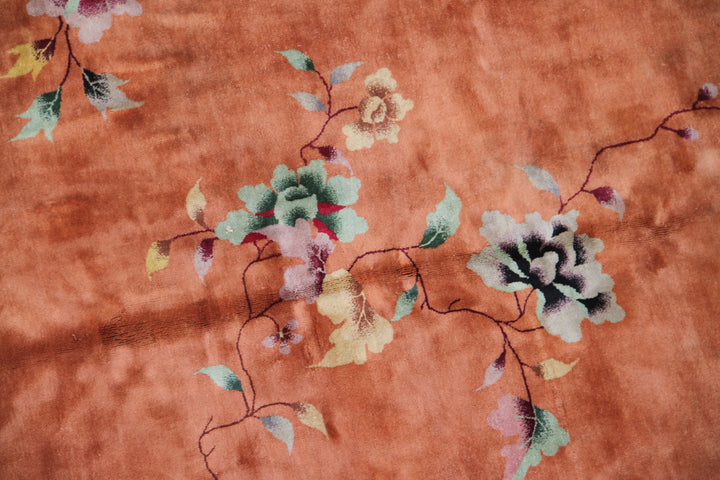 9'x12' Vintage Chinese Art Deco Wool Area Rug | Orange Green Floral Rug