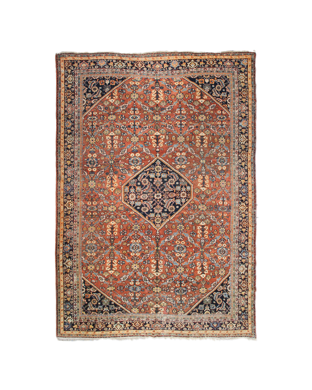 9x12 vintage Persian Mahal hand knotted wool area rug in rust blue and cream by Ariana Rugs