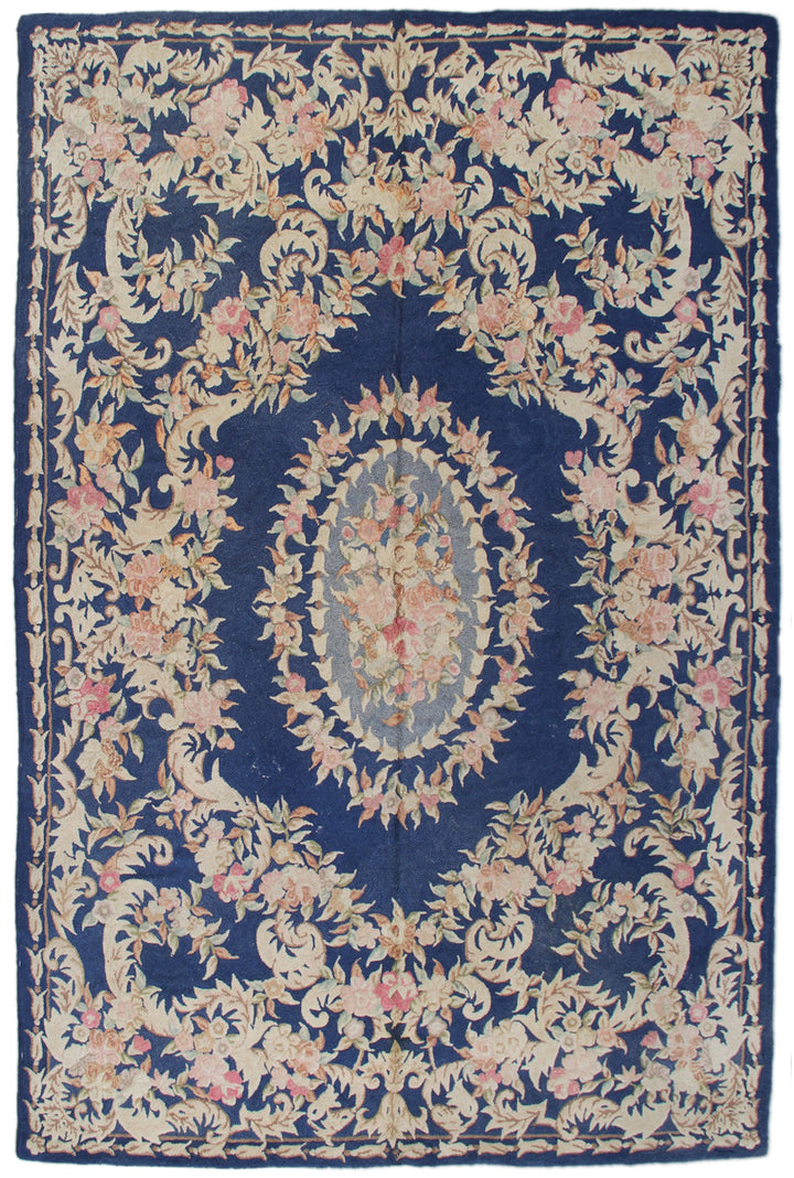 9'x12' Vintage Wool Rug | Blue French Design Hooked Rug