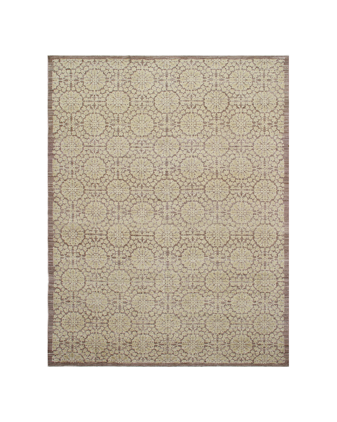 Handwoven 9x12 European design wool area rug in warm earthtones and soft brown floral patterns