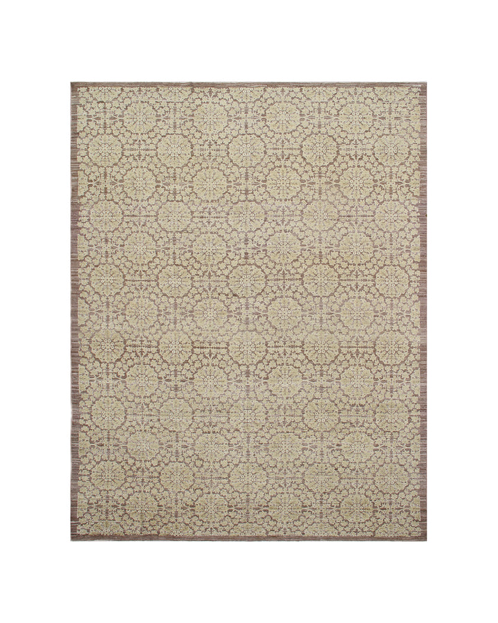 Handwoven 9x12 European design wool area rug in warm earthtones and soft brown floral patterns