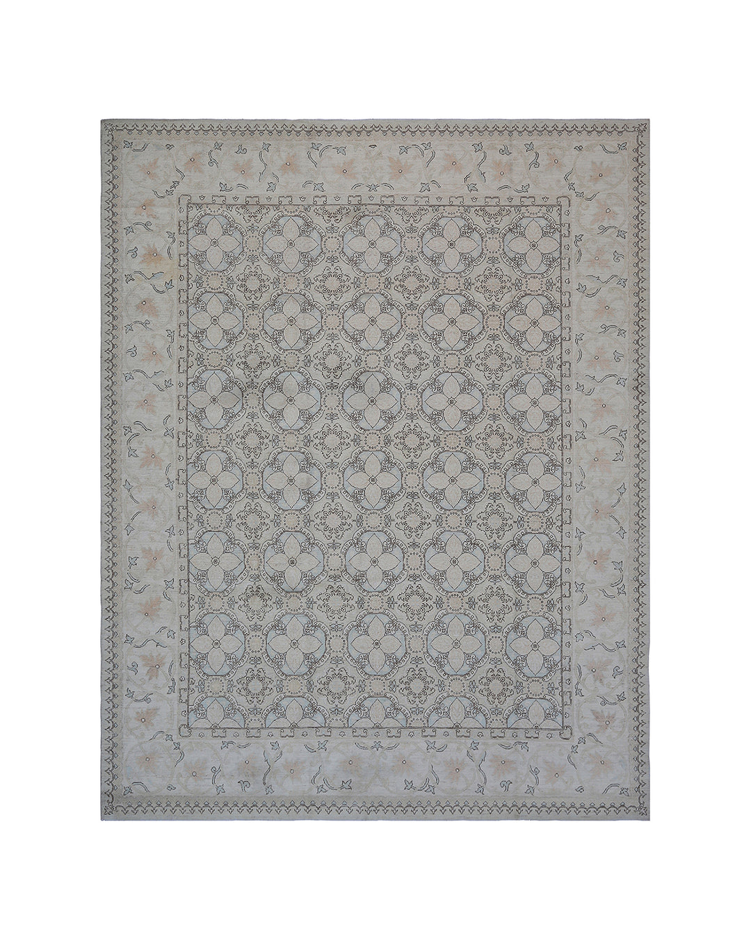 Hand-knotted 9x12 Afghan Ghazni wool area rug featuring gray European tile patterns