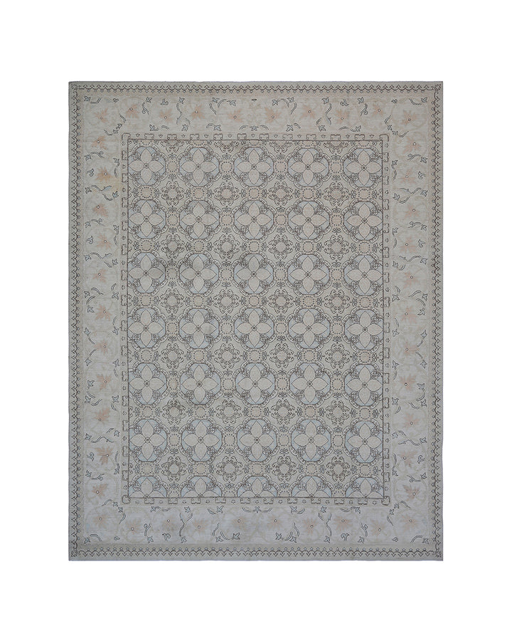Hand-knotted 9x12 Afghan Ghazni wool area rug featuring gray European tile patterns