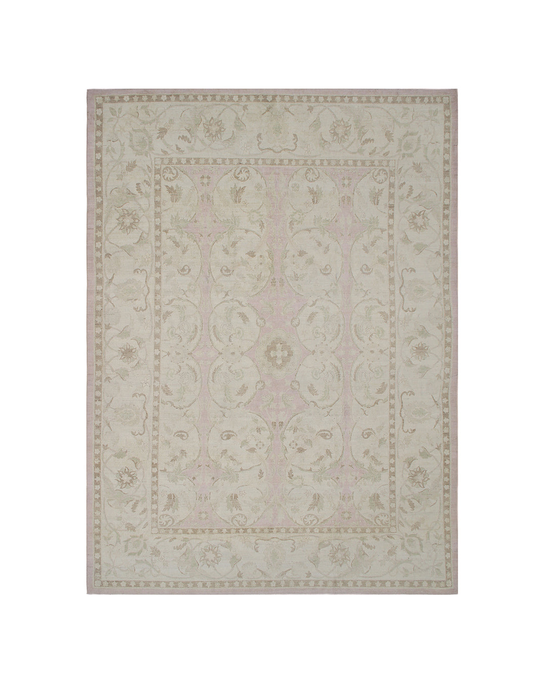 9'x13' hand-knotted silk and wool Polonaise design Ariana luxury rug in soft pink floral motif