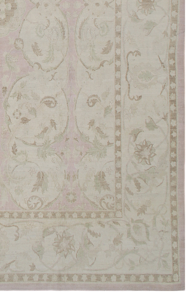 9'x13' hand-knotted silk and wool Polonaise design Ariana luxury rug in soft pink floral motif