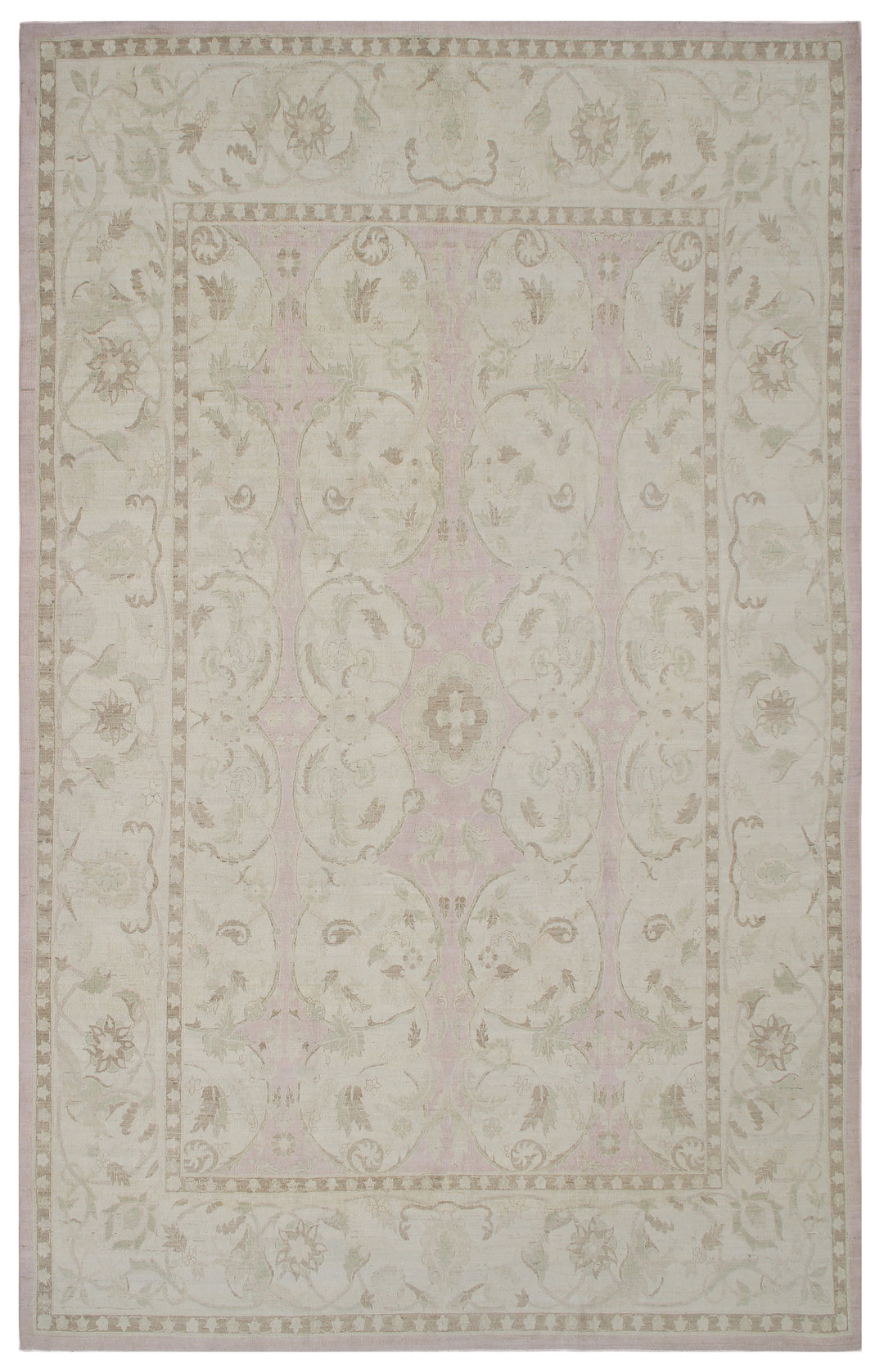 A fine silk and wool polonaise design rug with a floral pattern in beige, gray, and pink hues.