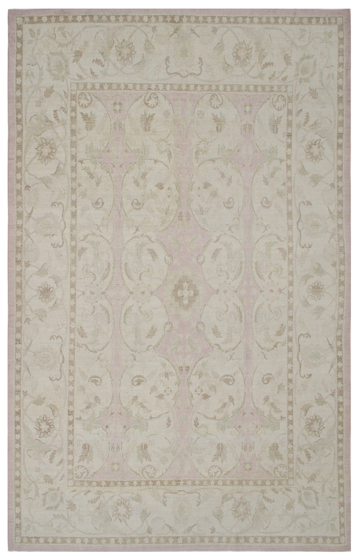 A fine silk and wool polonaise design rug with a floral pattern in beige, gray, and pink hues.
