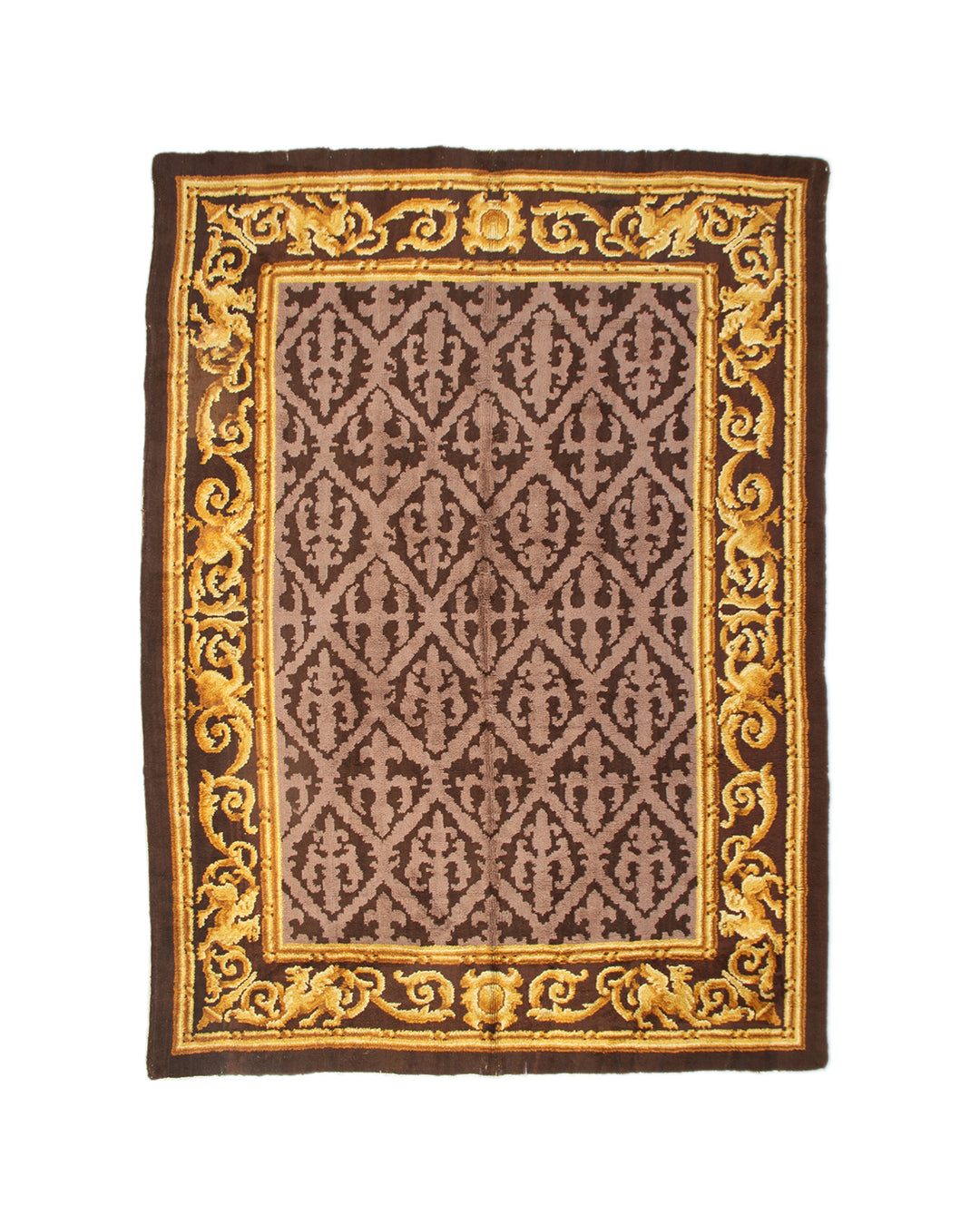 9'x13' antique Spanish Savonnerie wool area rug in gold and brown European floral design