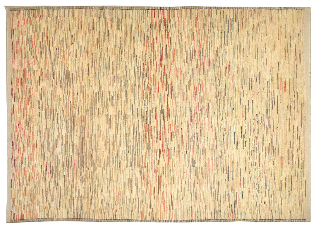 9 foot 7 inch by 13 foot 11 inch hand-knotted organic wool Ariana Barchi Moroccan Atlas style area rug featuring a colorful stria design