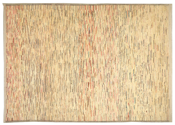 9 foot 7 inch by 13 foot 11 inch hand-knotted organic wool Ariana Barchi Moroccan Atlas style area rug featuring a colorful stria design