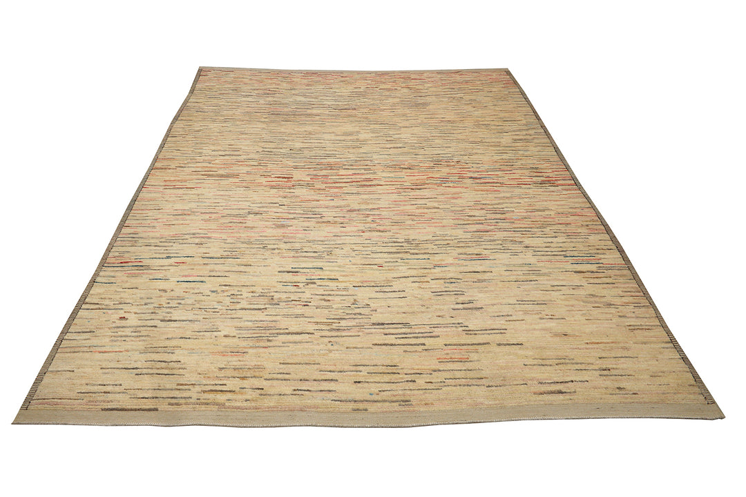 9 foot 7 inch by 13 foot 11 inch hand-knotted organic wool Ariana Barchi Moroccan Atlas style area rug featuring a colorful stria design