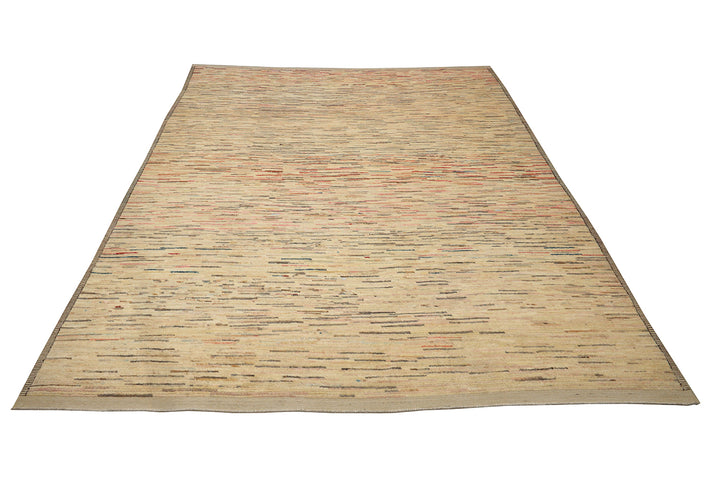 9 foot 7 inch by 13 foot 11 inch hand-knotted organic wool Ariana Barchi Moroccan Atlas style area rug featuring a colorful stria design