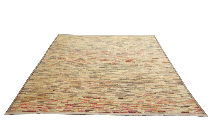 9 foot 7 inch by 13 foot 11 inch hand-knotted organic wool Ariana Barchi Moroccan Atlas style area rug featuring a colorful stria design