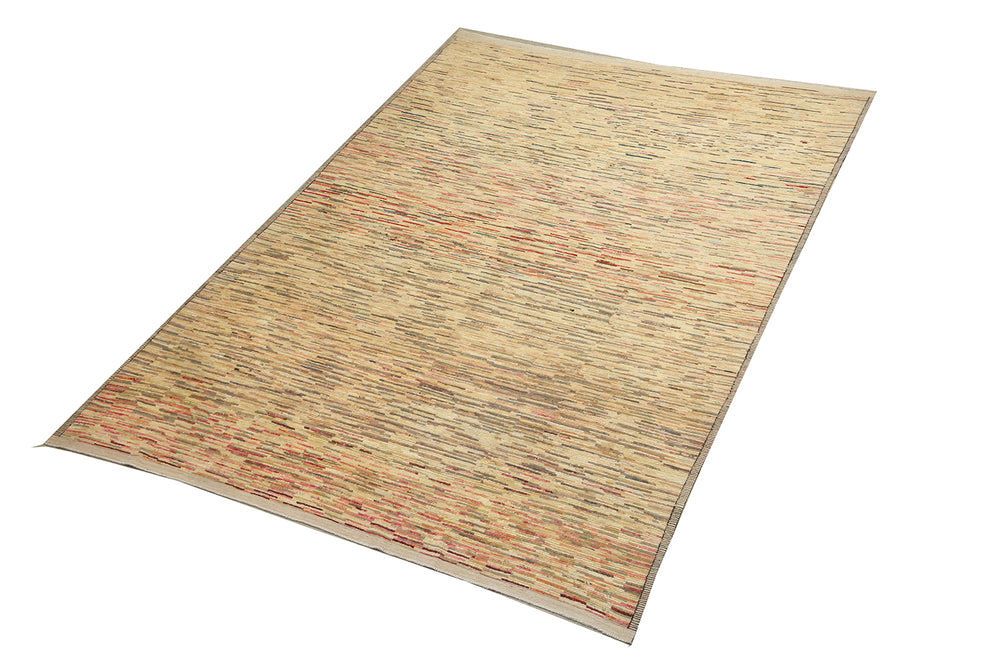 9 foot 7 inch by 13 foot 11 inch hand-knotted organic wool Ariana Barchi Moroccan Atlas style area rug featuring a colorful stria design