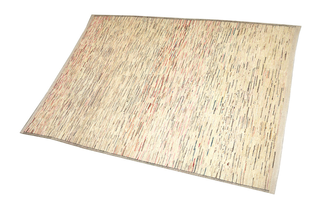 9 foot 7 inch by 13 foot 11 inch hand-knotted organic wool Ariana Barchi Moroccan Atlas style area rug featuring a colorful stria design