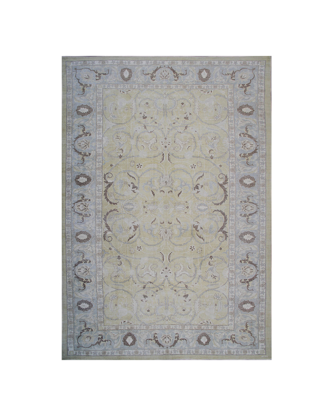 9'x15' fine large Polonaise design silk and wool Ariana luxury area rug in gold, blue, brown, and white