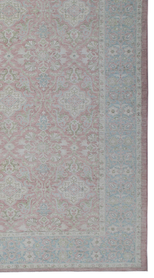 9'x18' large wool and silk pink and blue Persian design Ariana luxury rug