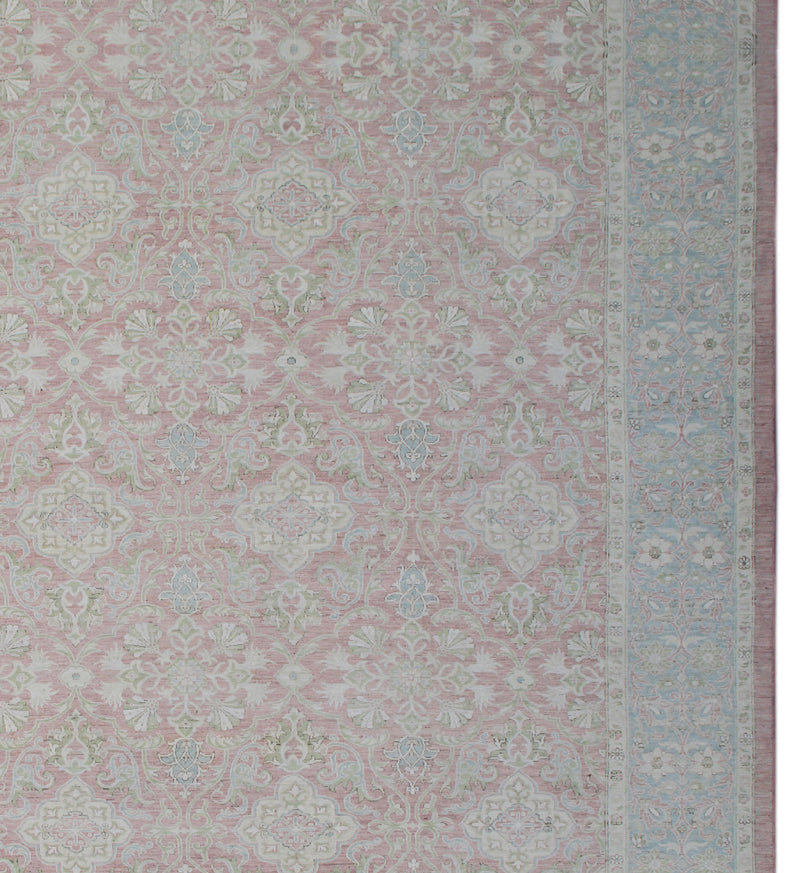 9'x18' large wool and silk pink and blue Persian design Ariana luxury rug