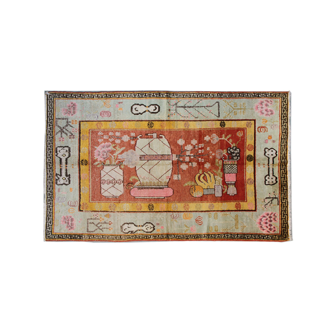 9'x4' Vintage Khotan / Samarkand (Yarkand) Rug – Hand-Knotted | Vases & Wildflowers Rug