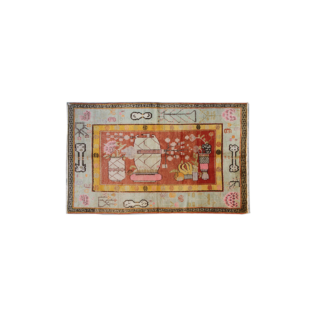9'x4' Vintage Khotan / Samarkand (Yarkand) Rug – Hand-Knotted | Vases & Wildflowers Rug
