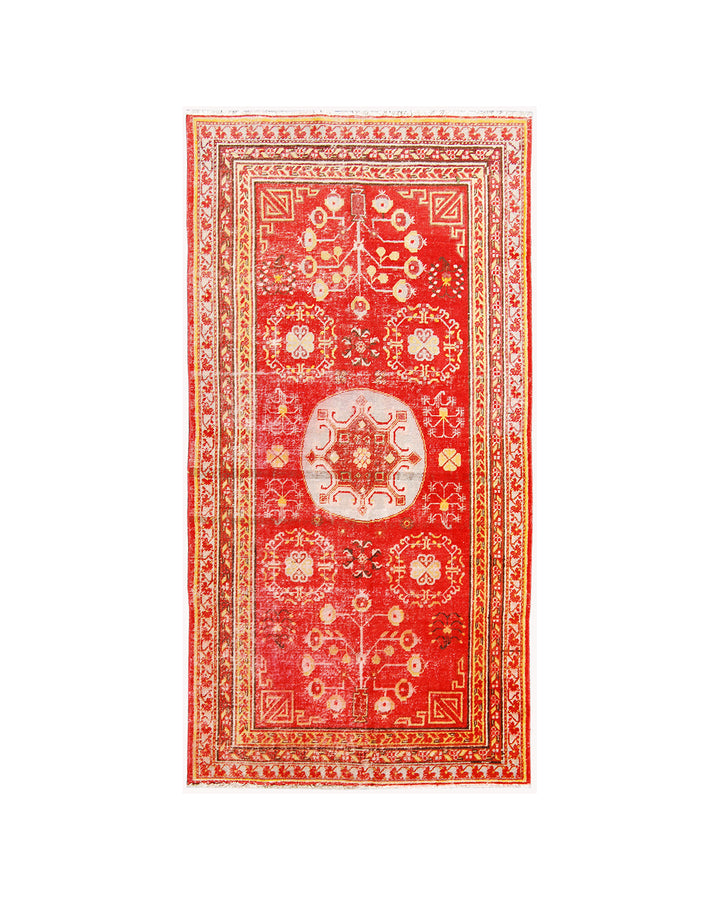 4x9 Fine Handmade Antique Samarkand East Turkestan Wool Area Rug in Vibrant Red with Central Medallion and Geometric Motifs Curated by Ariana Rugs