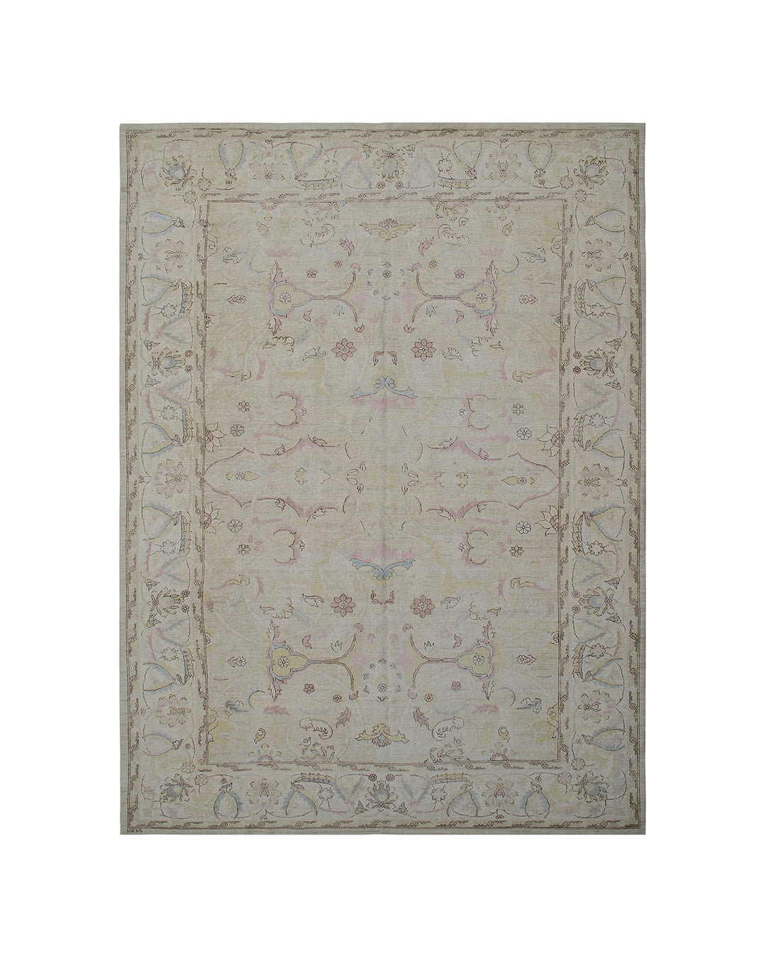 9'x6' Ariana luxury Polonaise design rug in soft pink and cream organic wool with silk highlights