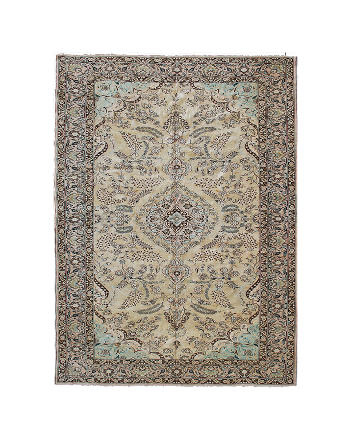 9x6 Fine Persian Design Silk Rug | Apricot & Blue Bell One-Of-A-Kind