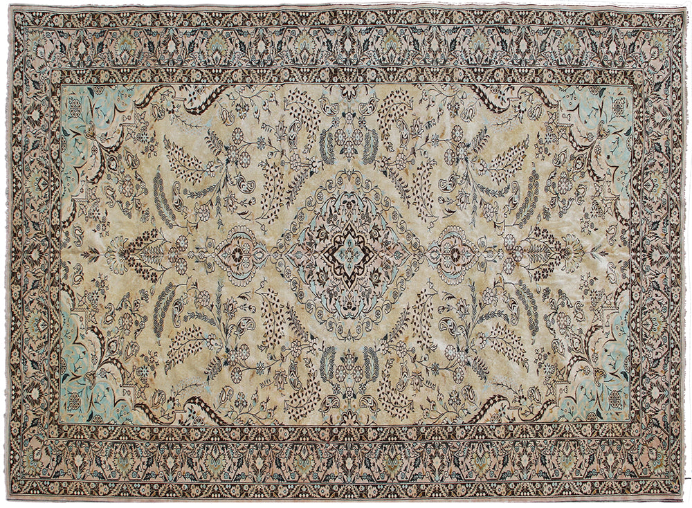 9x6 Fine Persian Design Silk Rug | Apricot & Blue Bell One-Of-A-Kind