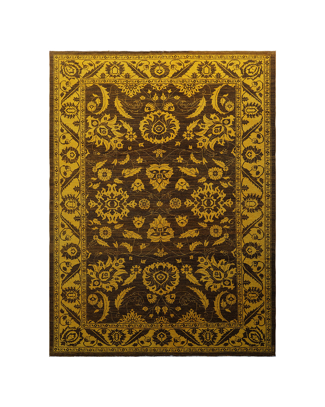 Decorative rug with intricate gold patterns on a brown background