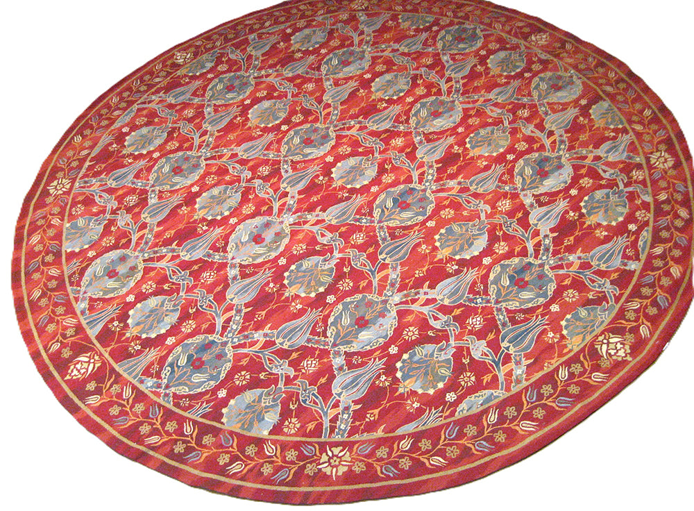 9'x9' Red Round Area Rug | Ottoman Design Aubusson Weave Rug