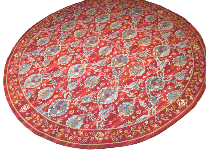 9'x9' Red Round Area Rug | Ottoman Design Aubusson Weave Rug
