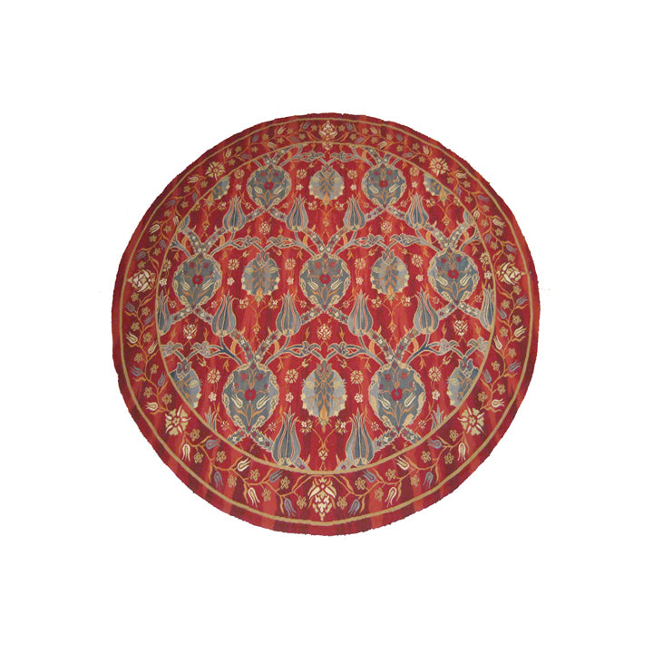 9'x9' Red Round Area Rug | Ottoman Design Aubusson Weave Rug