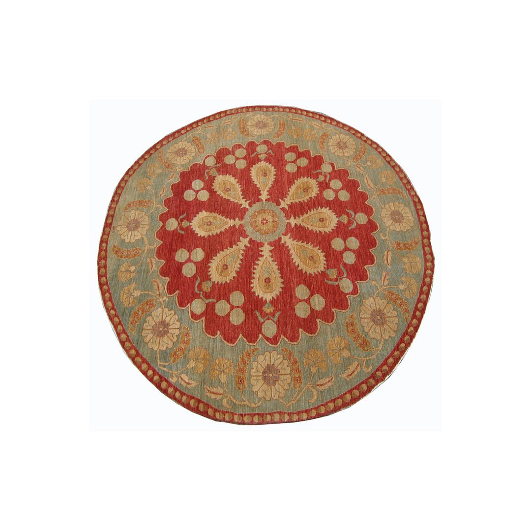 9'x9' Red Round Rug |Floral Design | Hand-knotted Wool Rug