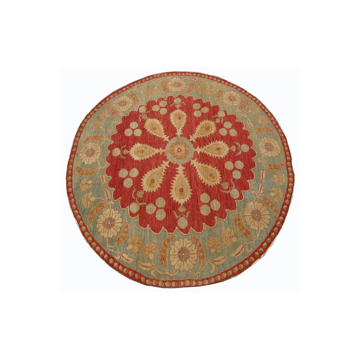 9'x9' Red Round Rug |Floral Design | Hand-knotted Wool Rug
