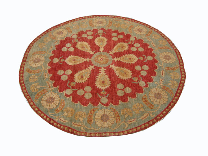 9'x9' Red Round Rug |Floral Design | Hand-knotted Wool Rug