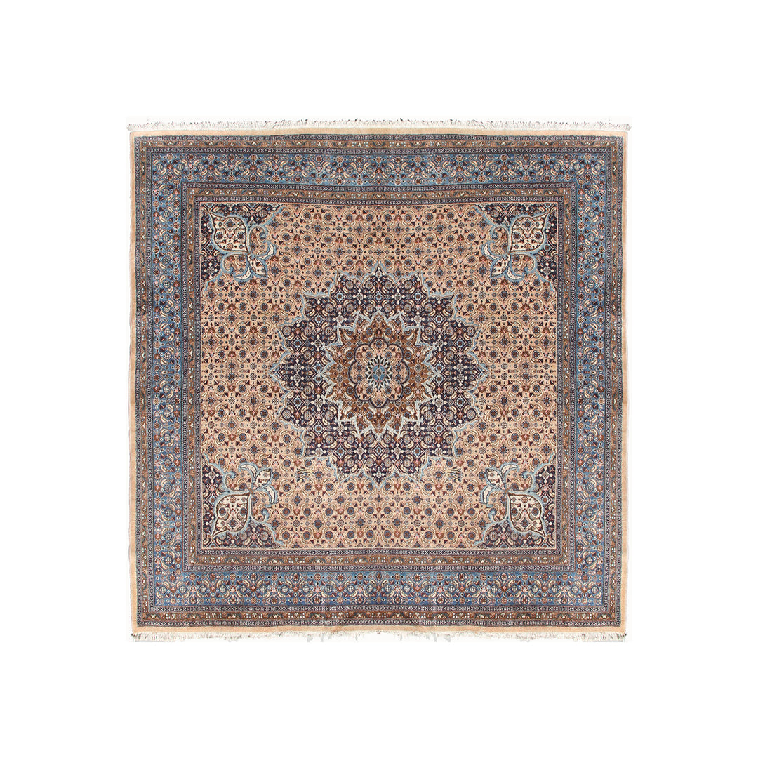 9'x9' Vintage Persian Tabriz Rug – One-of-a-Kind Blue & Peach Masterpiece