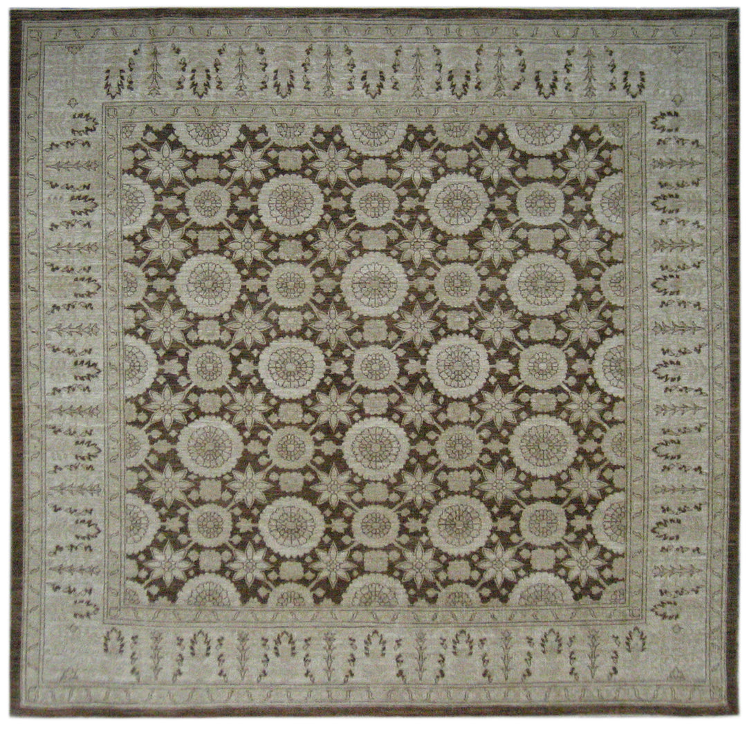 Square Wool Rug | Tabriz Design | Brown Beige Area Rug