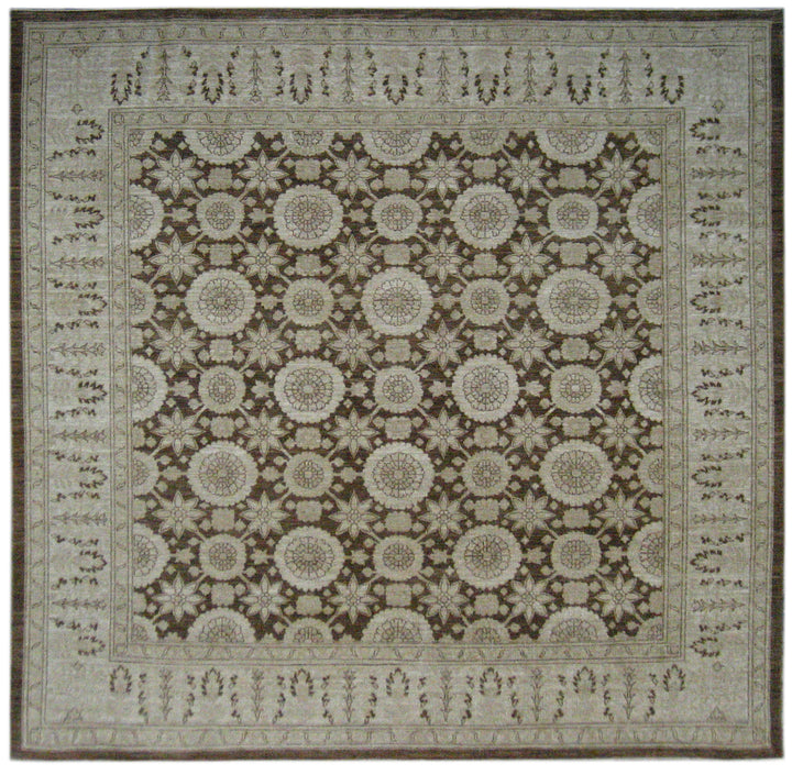 Square Wool Rug | Tabriz Design | Brown Beige Area Rug